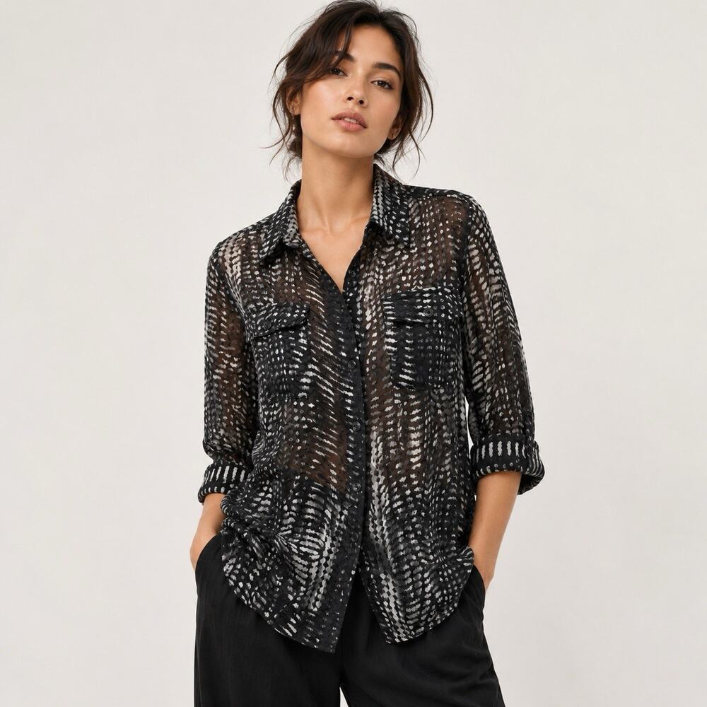 Chicos Silk Burnout Blouse Black Small Button Up Shirt Long Sleeve Sheer Retro